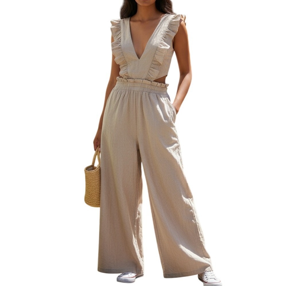 HAYDEN LOS ANGELES‎ Ruffle Strap Wide Leg  Pin Striped Cotton Jumpsuit EUC Small